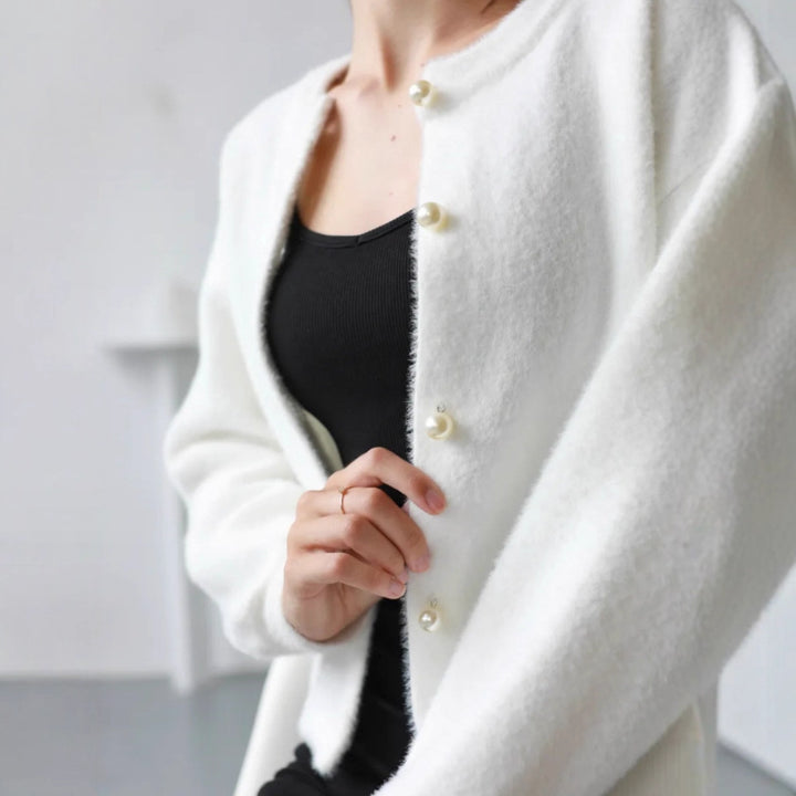 Damen Flauschiger Langarm Cardigan mit Perlenknöpfen Echo Archiv