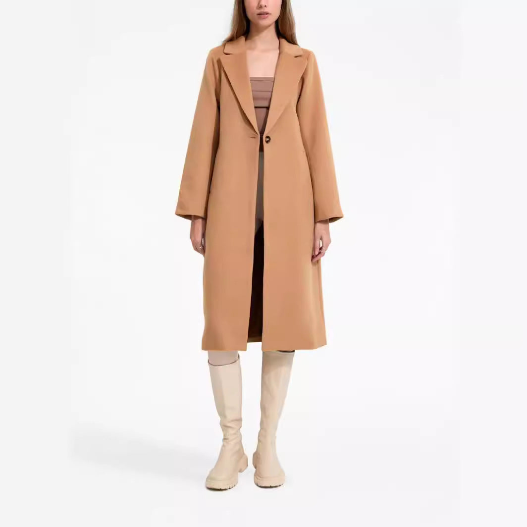 Damen Midilanger Einreihiger Wollmix-Mantel mit minimalistischem Schalkragen Echoarchiv