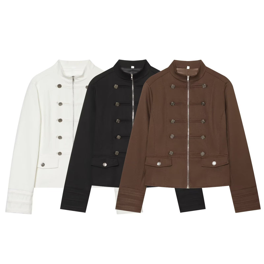 Damen Militärinspirierte Kurzjacke mit Stehkragen und Zierknöpfen Echo Archiv