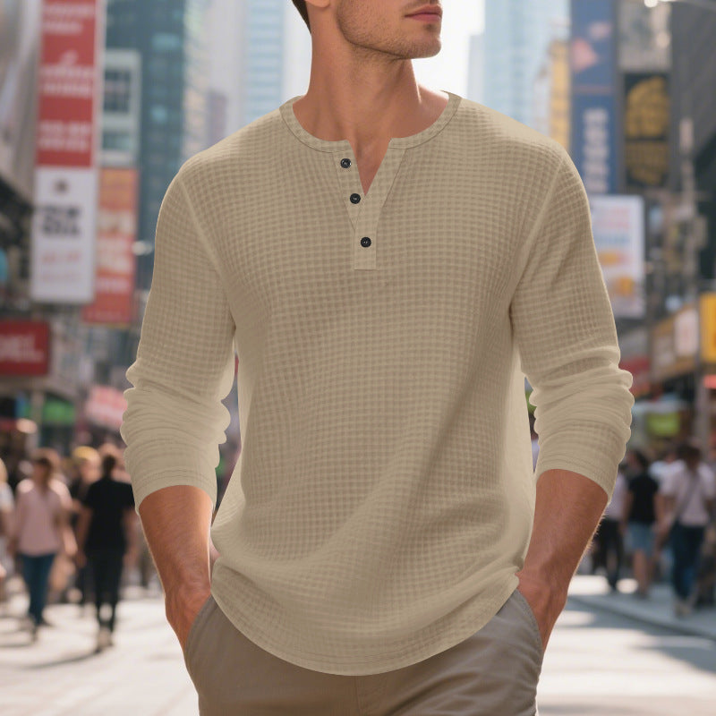 Herren langärmliges Henley-Shirt mit strukturiertem Waffelmuster Echoarchiv