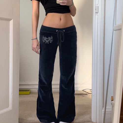 Damen Velours-Loungehose mit ausgestelltem Schlag, elastischem Tunnelzugbund und Hüftstickerei Echo Archiv