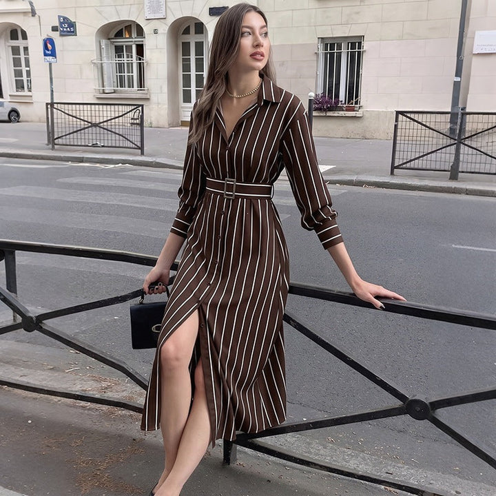 Damen Hemdblusenkleid mit Taillengürtel und vertikalem Nadelstreifen Echoarchiv