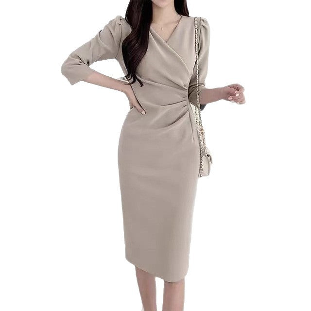 Damen Elegant-tailliertes Drapé-Etuikleid mit asymmetrischer Wickel-Optik und 3/4-Ärmeln – Élara