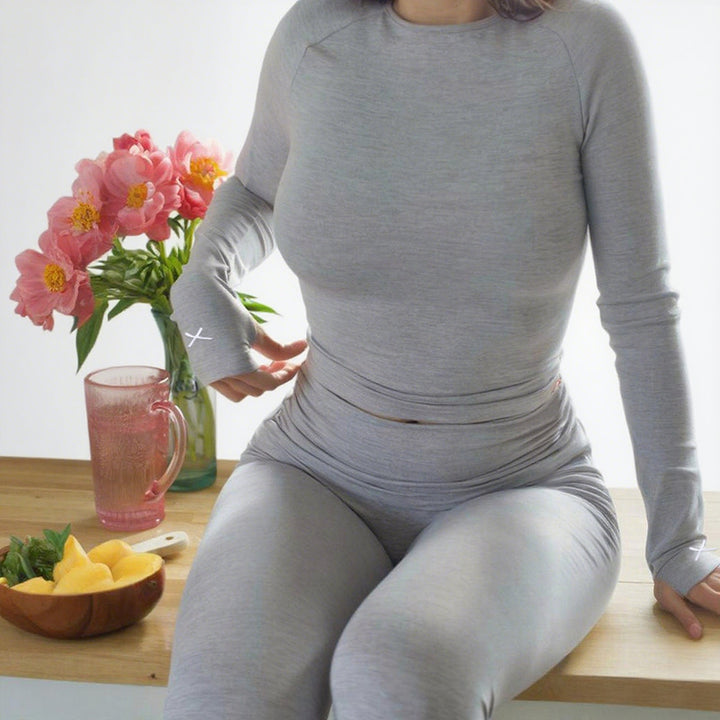 Damen Figurbetontes Stretch-Zweiteiler Lounge-Set mit hohem Rippbund und bauchfreiem Langarmshirt – Avérine