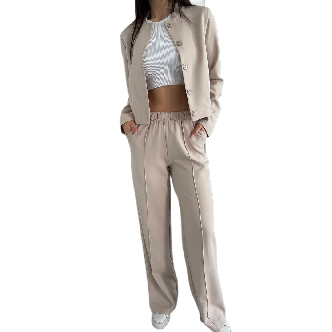 Damen Elegantes Zweiteiler-Set mit Kurzjacke und Hochbund-Faltenhose Echoarchiv