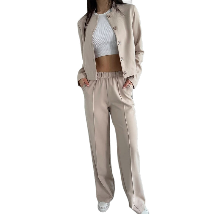 Damen Elegantes Zweiteiler-Set mit Kurzjacke und Hochbund-Faltenhose Echoarchiv