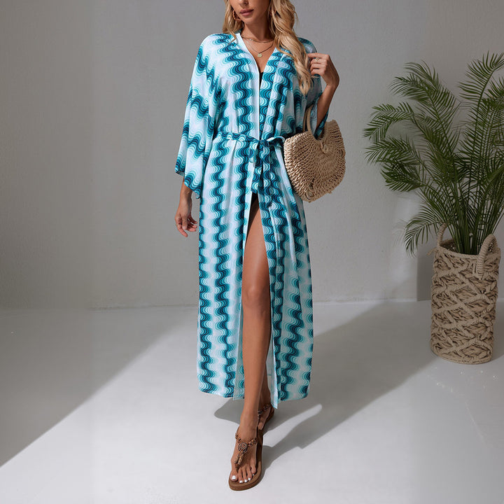 Damen Langer Strandkaftan mit V-Ausschnitt, Taillen-Bindegürtel & hohem Beinschlitz Echoarchiv