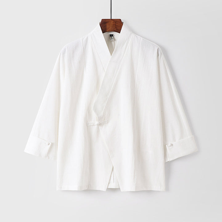 Herren Leinen-Kimono-Jacke mit traditionellem Knotenverschluss und mittel-langen Ärmeln Echoarchiv