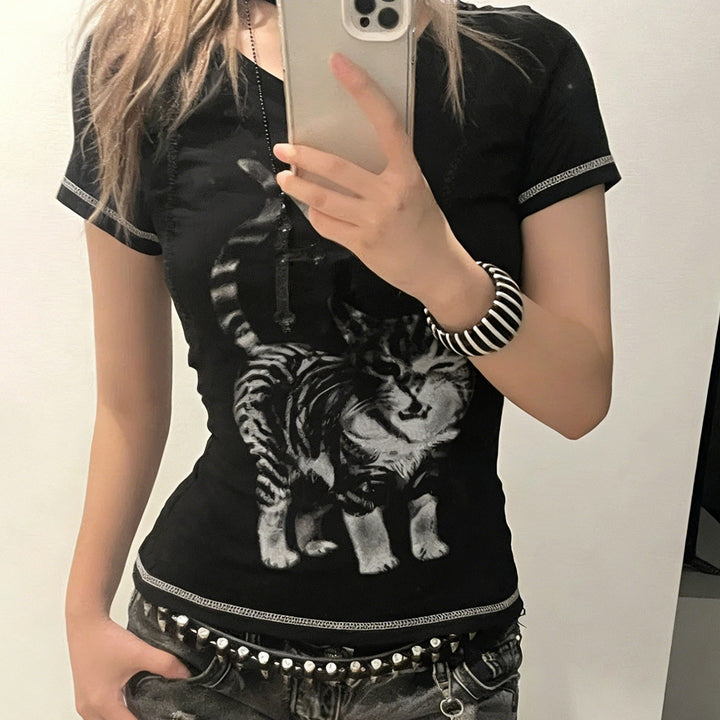 Damen T-Shirt mit kreativem Katzenmotiv Echo Archiv