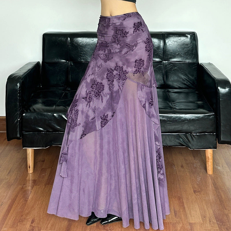 Damen eleganter asymmetrischer Maxirock mit floralen Verzierungen Echo Archiv
