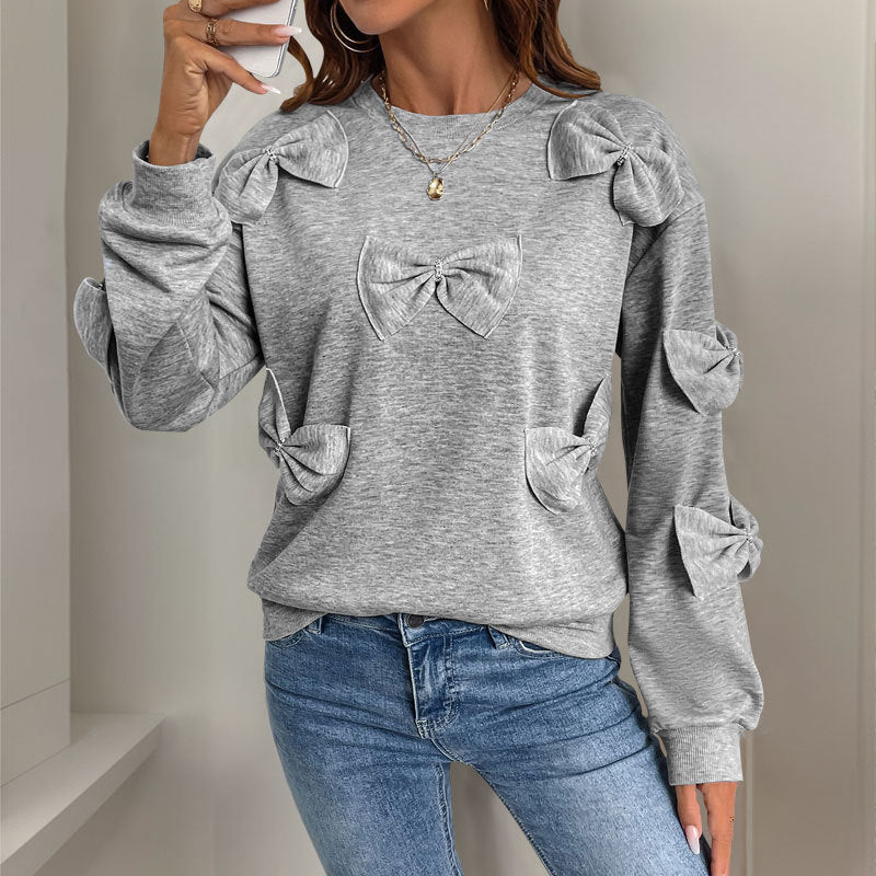 Damen Kuschel-Sweatshirt mit 3D-Schleifenapplikationen, Rundhals & Rippbündchen Echoarchiv