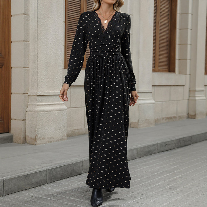 Damen Elegantes Maxi-Wickelkleid mit Spitzenbesatz, hohem Brustbund und gerafftem Volumenrock – Valéora