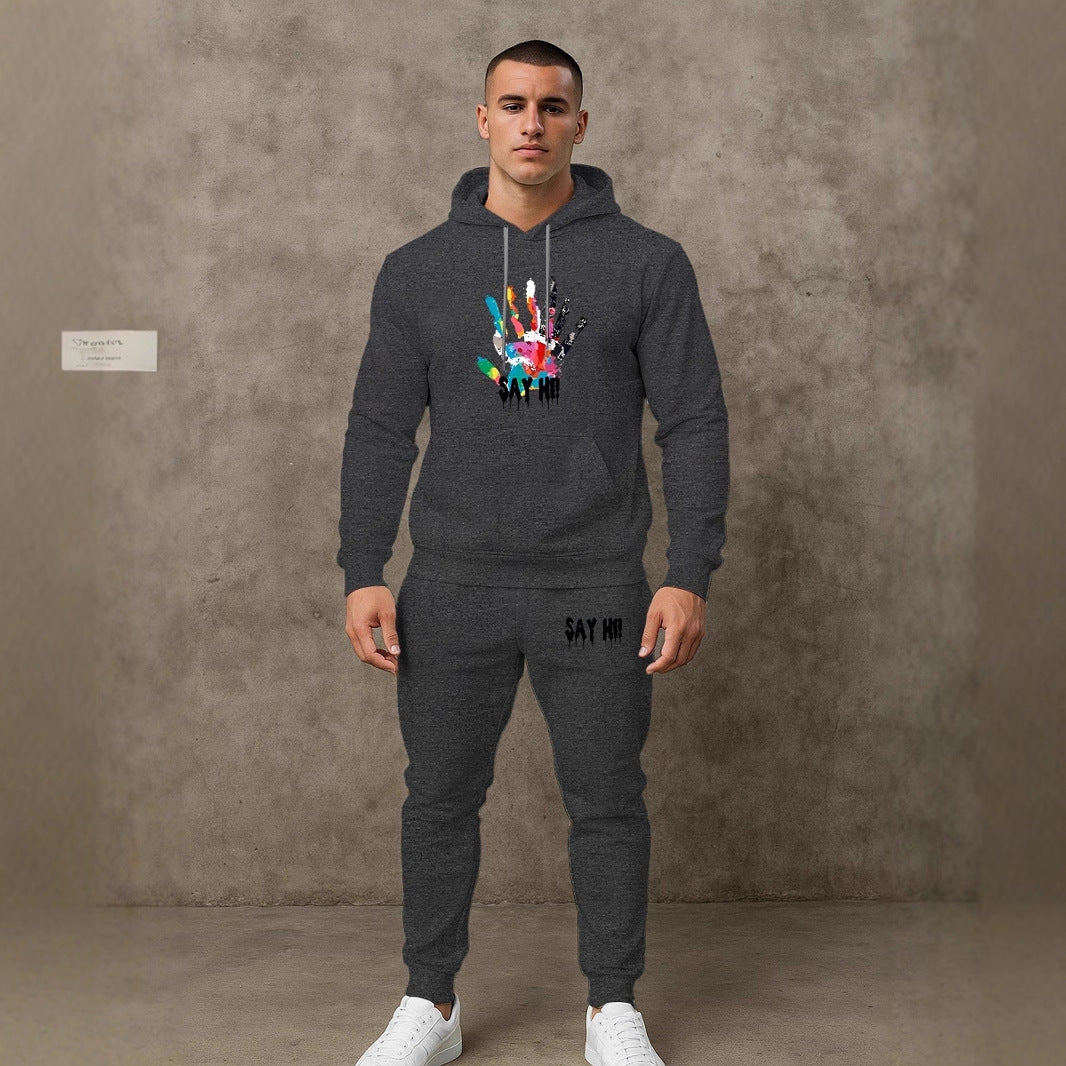 Herren lässiger Kapuzenpullover mit passender Jogginghose und grafischem Print Echoarchiv