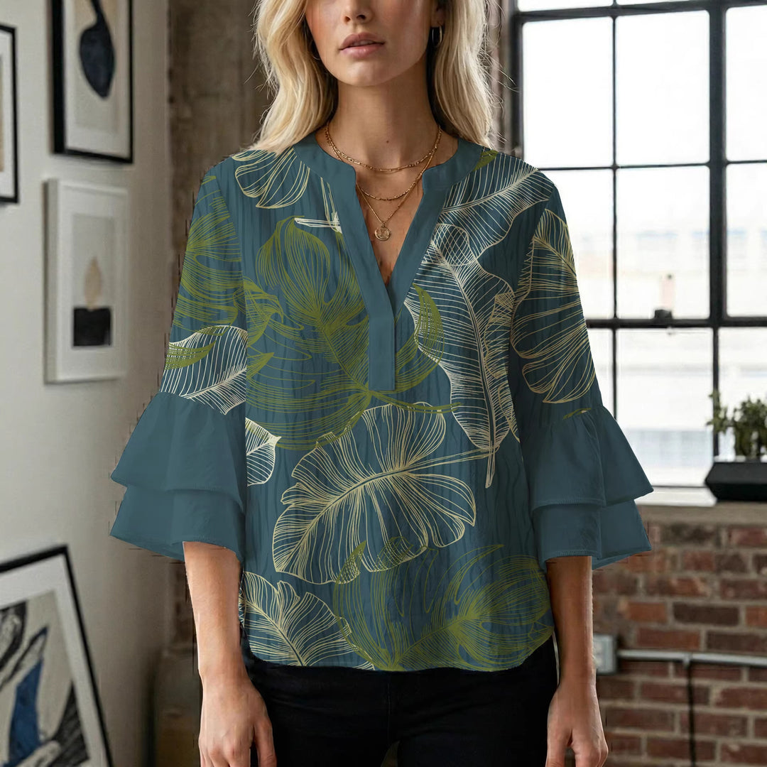 Damen Bluse mit voluminösen Rüschenärmeln und floralem Druck Echo Archiv