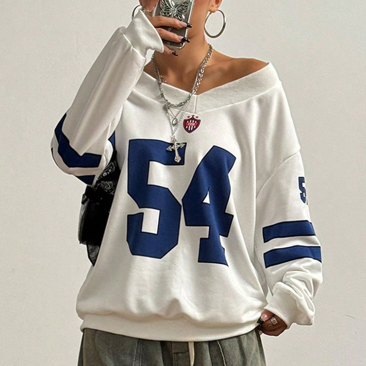 Damen Lockeres College-Sweatshirt im Off-Shoulder-Look mit großem Nummernprint – Avérine