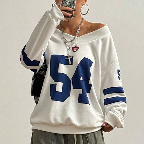 Damen Lockeres College-Sweatshirt im Off-Shoulder-Look mit großem Nummernprint – Avérine