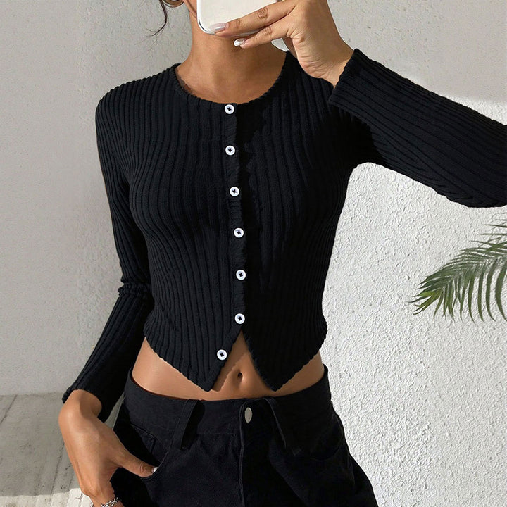 Damen gerippte Cropped-Strickjacke mit spitzem Saum und Knopfverschluss – Veloura