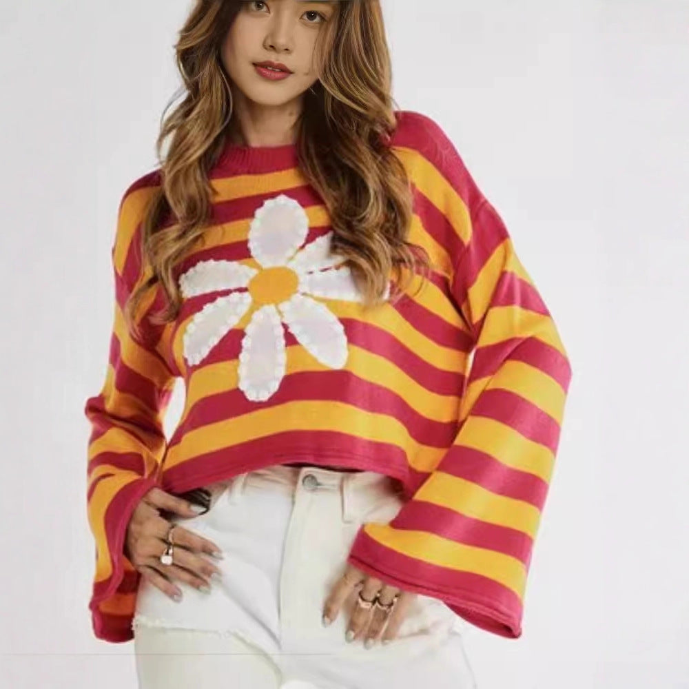 Damen Modischer gestreifter Crop-Pullover mit Blumenmuster – Mavelle