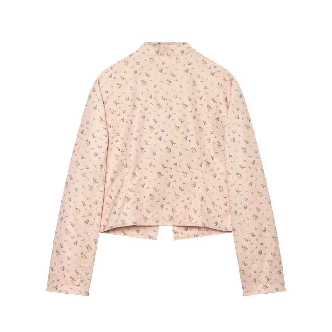Damen Kurz geschnittene Satin-Militärjacke mit dekorativen Froschverschlüssen und Blumenprint Echo Archiv