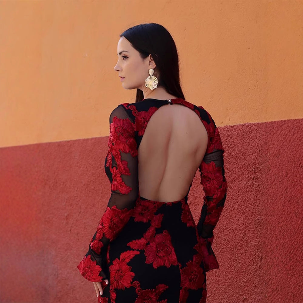 Damen Maxikleid mit transparentem Mesh und floraler Stickerei Echoarchiv