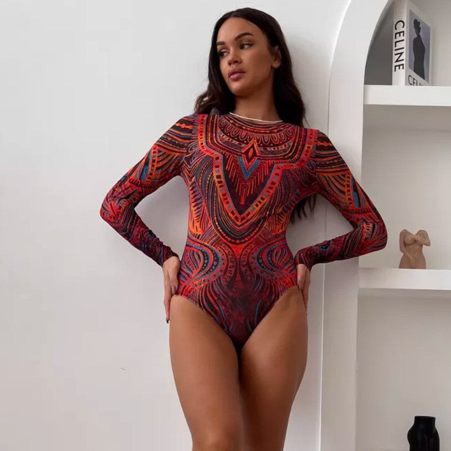 Damen Bodysuit mit langem Arm und abstraktem Muster Echo Archiv