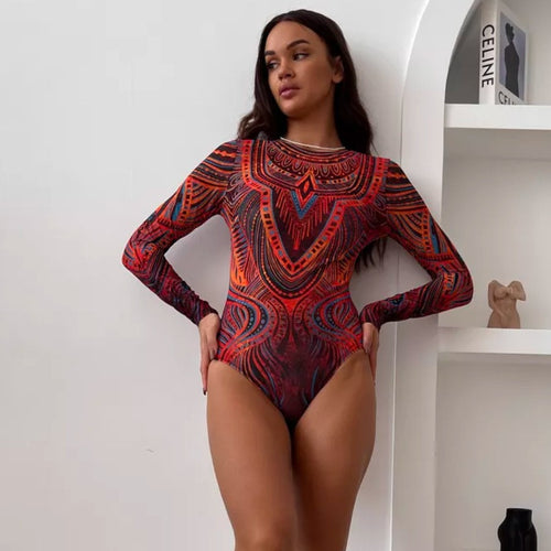 Damen Bodysuit mit langem Arm und abstraktem Muster Echo Archiv