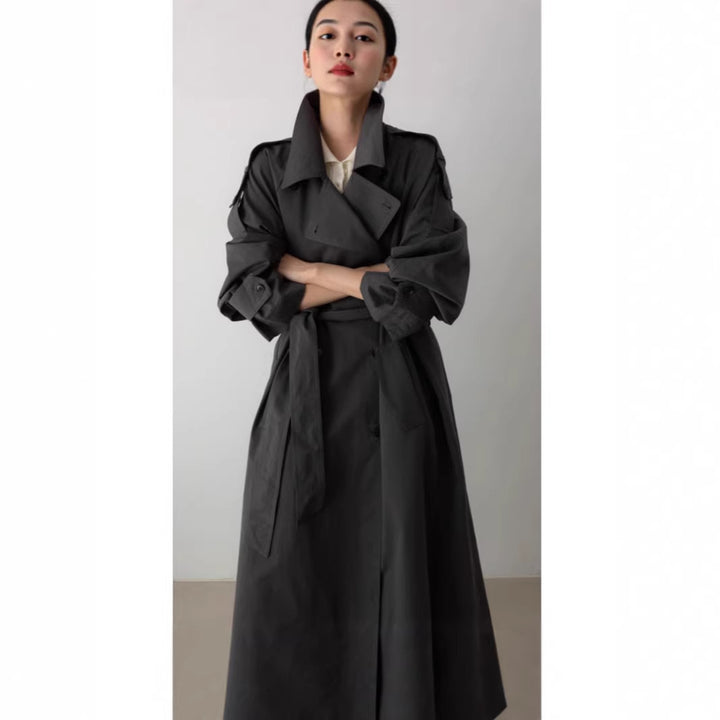 Damen Oversize Maxi-Trenchcoat mit Taillengürtel und doppelter Knopfleiste Echoarchiv