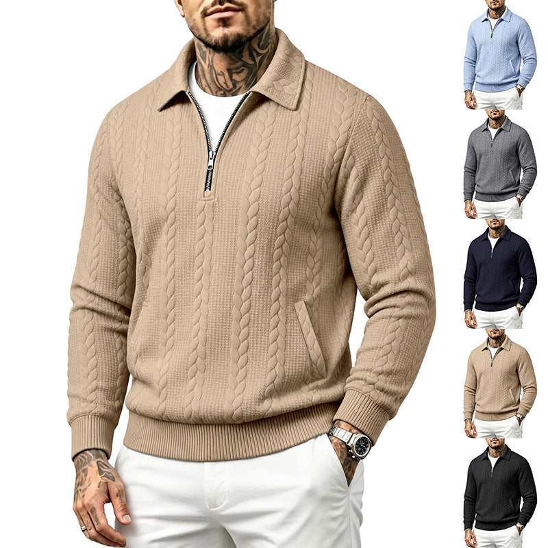 Herren Strukturiertes Kabelstrick-Halbreißverschluss-Pullover mit Hemdkragen und Rippbündchen Echoarchiv