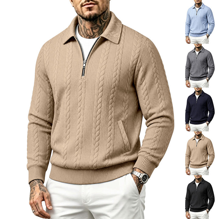 Herren Strukturiertes Kabelstrick-Halbreißverschluss-Pullover mit Hemdkragen und Rippbündchen Echoarchiv