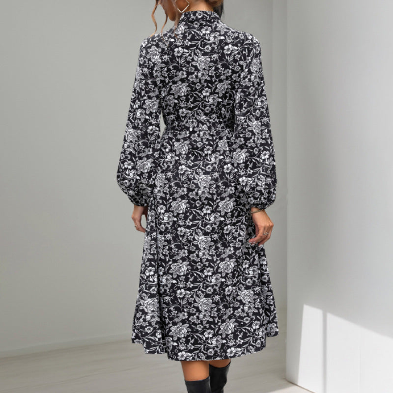 Damen Midikleid mit Spitzenbesatz am Ausschnitt, verdeckter Knopfleiste, Taillenbindegürtel & floralem Allover-Print Echoarchiv