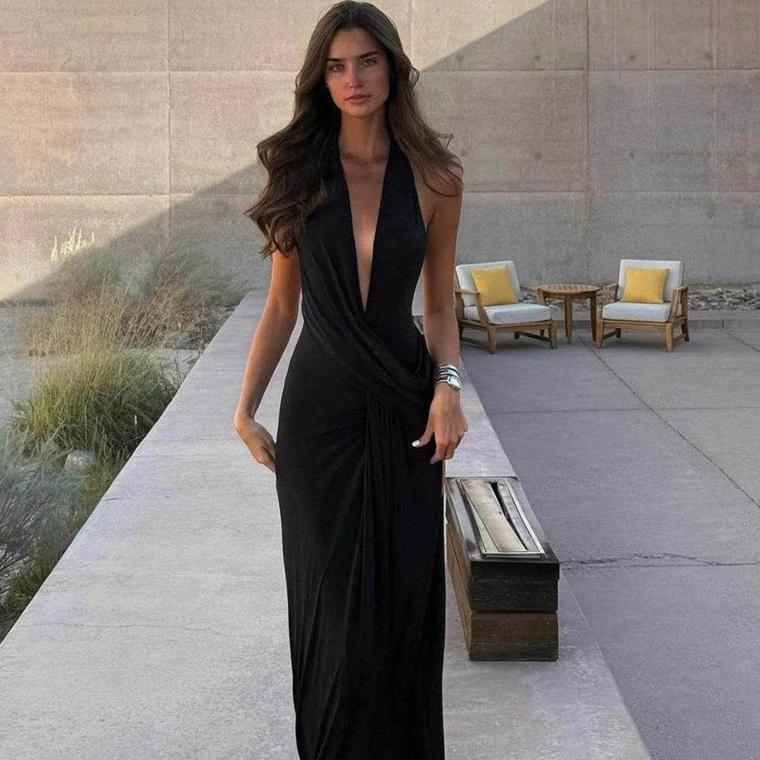 Damen elegantes Wickelkleid mit tiefem V-Ausschnitt und fließendem Stoff Echo Archiv