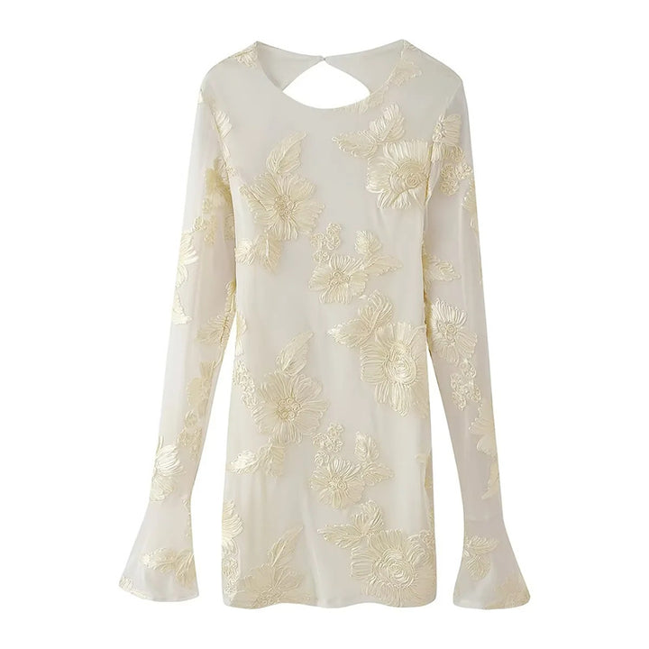Damen bestickte Chiffonbluse mit floraler 3D-Applikation, Cut-Out Rücken und ausgestellten Manschetten – Élovi