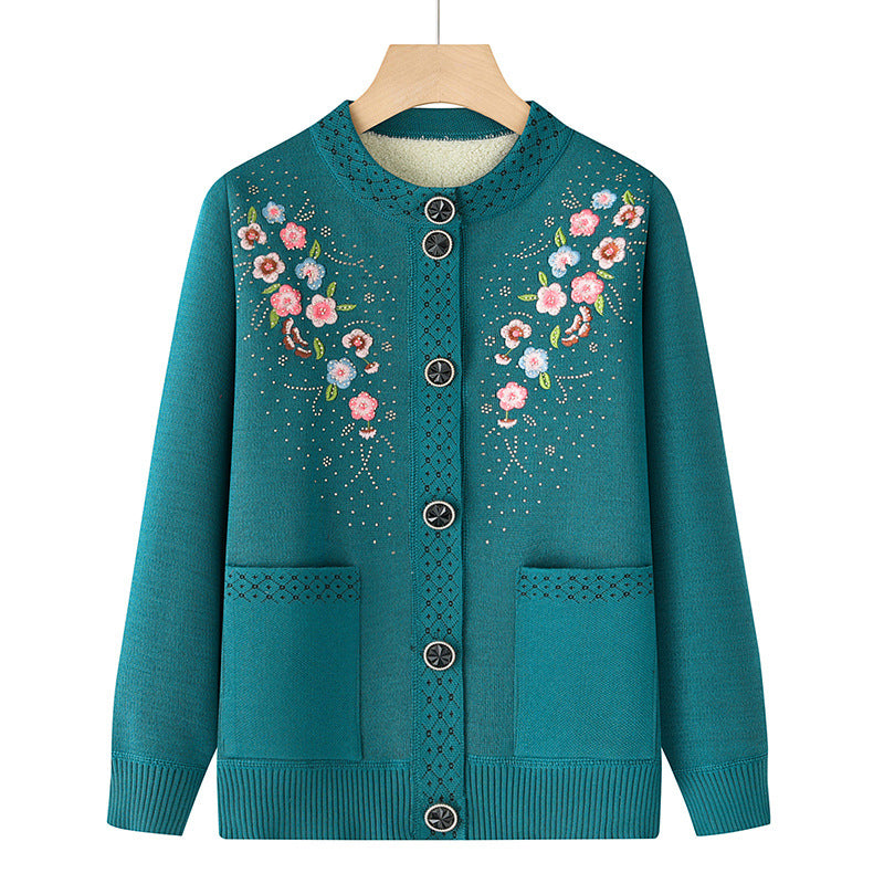 Damen bestickte Strickjacke mit Rundhals, aufgesetzten Taschen und dekorativer Knopfleiste – Veloura