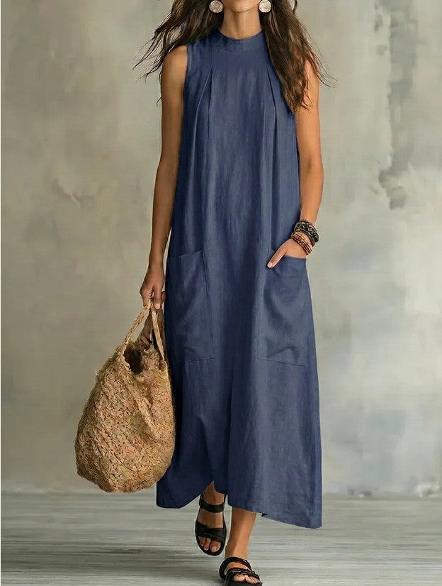 Damen nan ärmelloses Leinen-Maxikleid mit Stehkragen, Brustfalten und aufgesetzten Taschen Echo Archiv