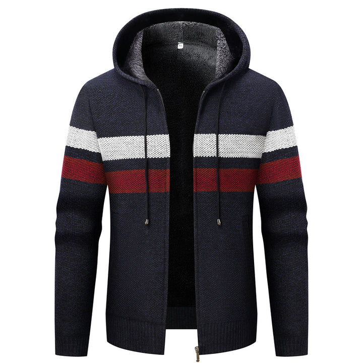 Herren Kapuzen-Strickjacke mit Teddyfutter, Reißverschluss und Kontraststreifen Echo Archiv