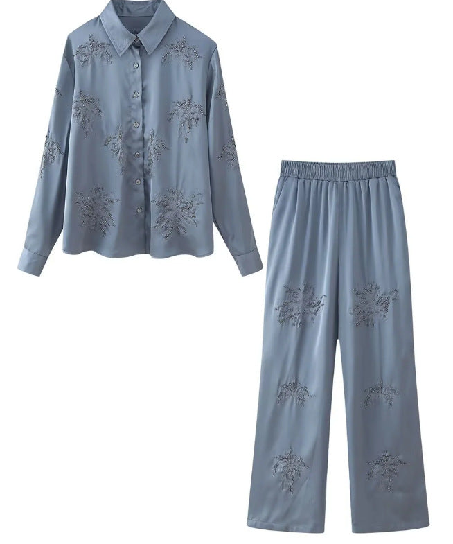 Damen bestickte Seidenoptik-Bluse mit funkelnden Kristallapplikationen und Hemdkragen Echo Archiv