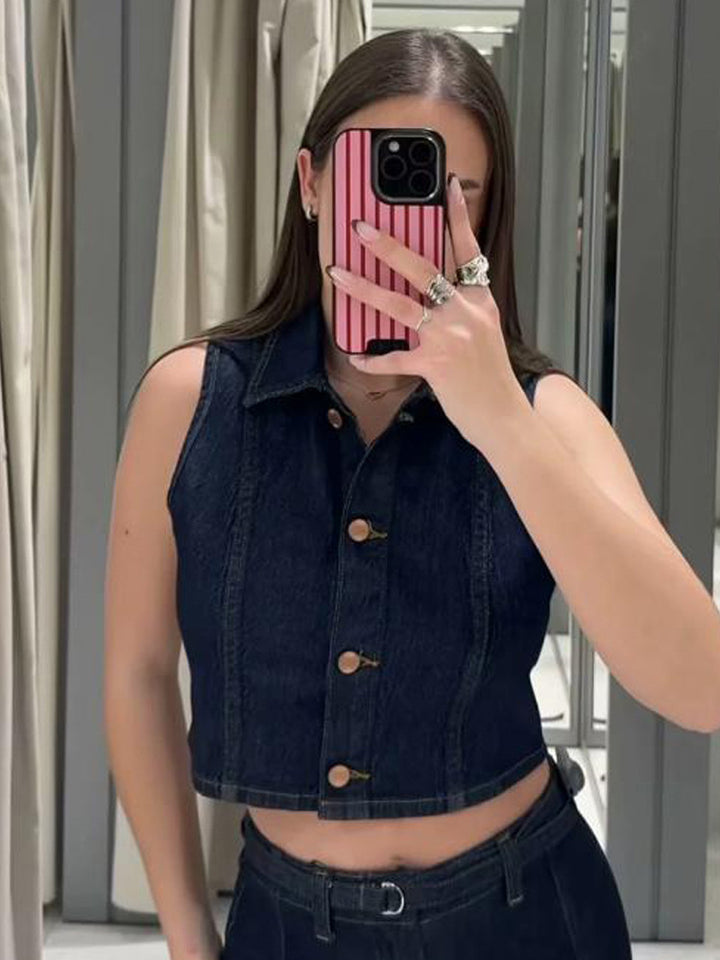 Damen Kurz geschnittene Jeansweste mit taillierter Paneelierung und Metallknopfleiste Echoarchiv