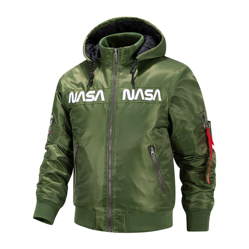 Herren  Kapuzen glänzende Mikroschalen Astronaut-inspirierte Bomberjacke mit gesteppter thermischer Fütterung und Ärmeltasche Echo Archiv