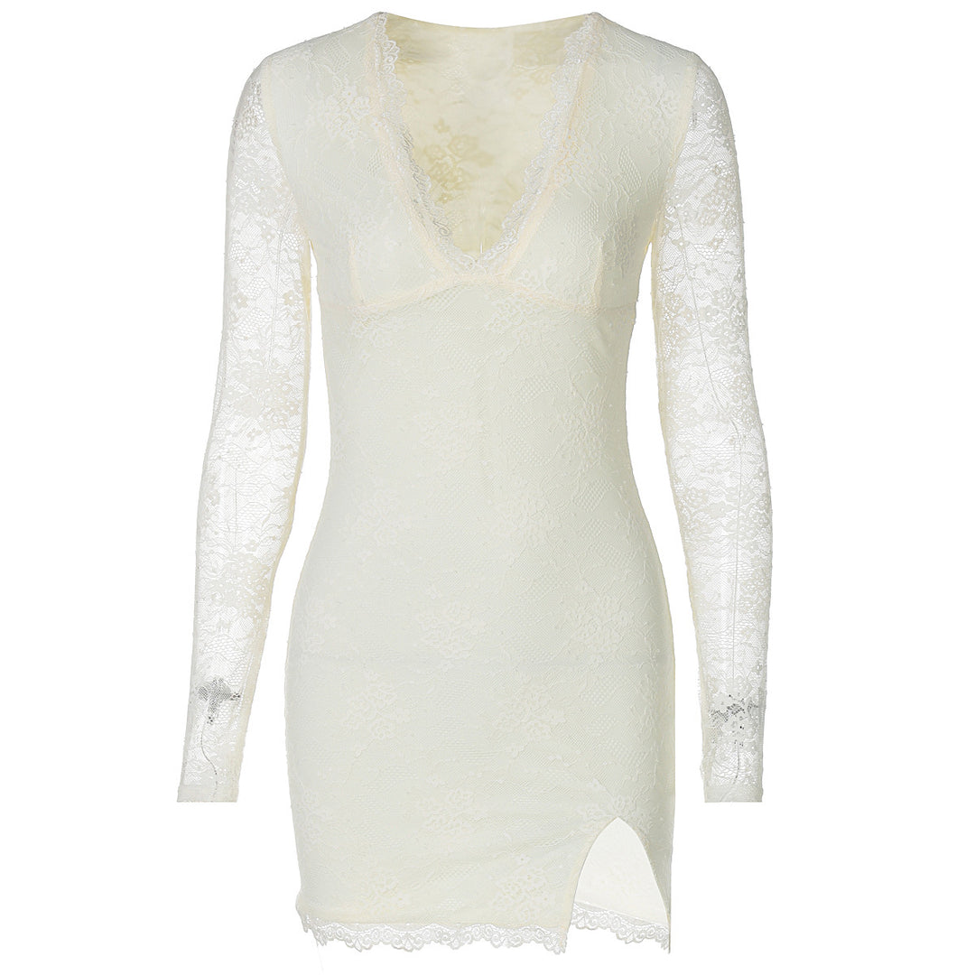 Damen Elegantes Spitzenkleid mit tiefem V-Ausschnitt und langen Ärmeln Echo Archiv