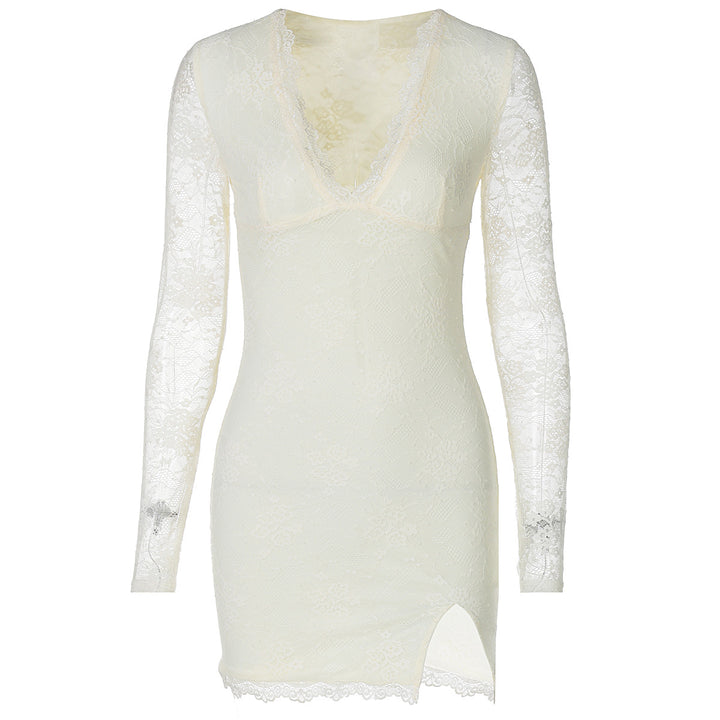 Damen Elegantes Spitzenkleid mit tiefem V-Ausschnitt und langen Ärmeln Echo Archiv