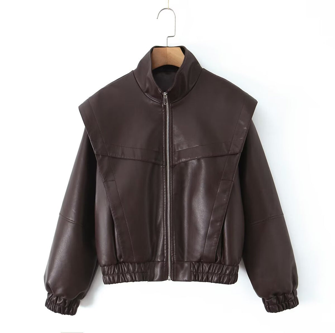Damen Cropped Jacke im futuristischen Biker-Look aus veganer Lederoptik mit hohem Stehkragen und elastischem Saum Echoarchiv