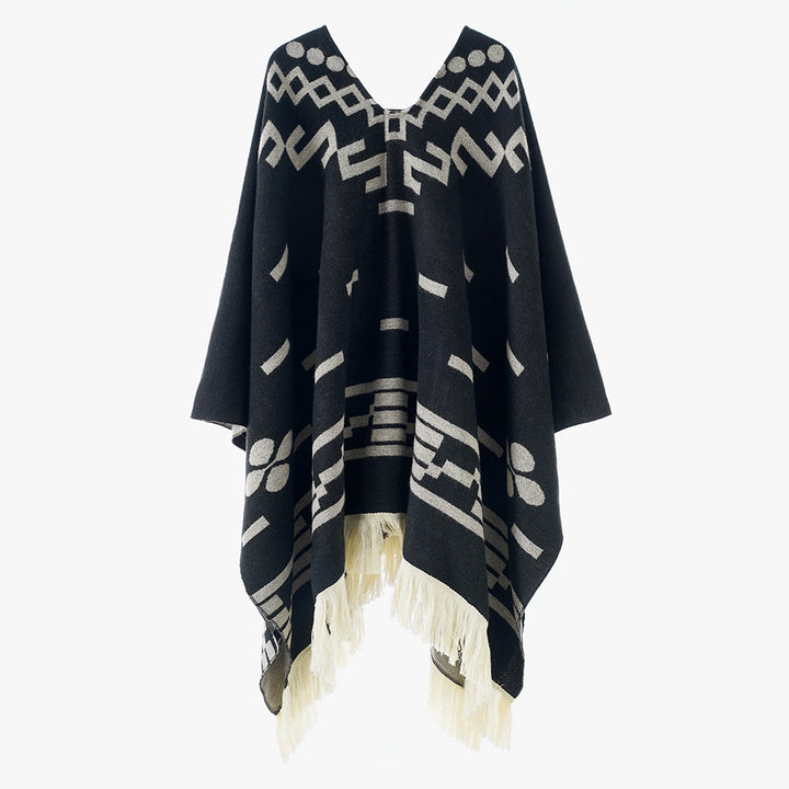 Damen Oversize Poncho im Boho‑Stil mit V‑Ausschnitt, Jacquard‑Muster und langen Fransen – Avérine