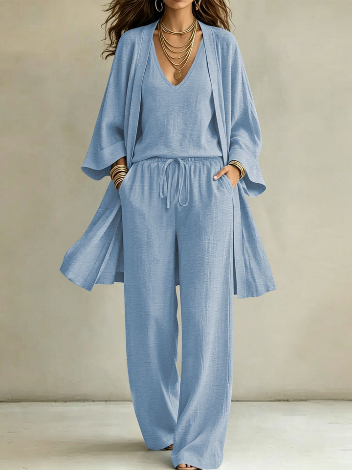 Damen Leichtes Lounge-Set mit Kimono-Cardigan, V‑Ausschnitt-Top und weitem Kordelbund-Hose – Élanora
