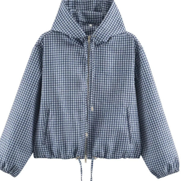 Damen Karierte Cropped Kapuzenjacke mit Tunnelzugsaum und Zwei‑Wege‑Reißverschluss Echo Archiv