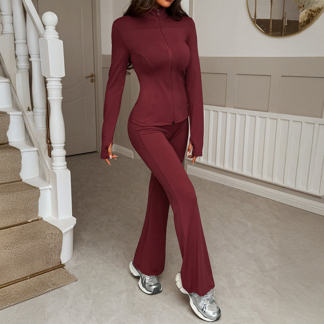 Damen figurbetontes Stretch-Joggingset mit taillierter Reißverschluss-Jacke und ausgestellter Schlaghose – Élanora