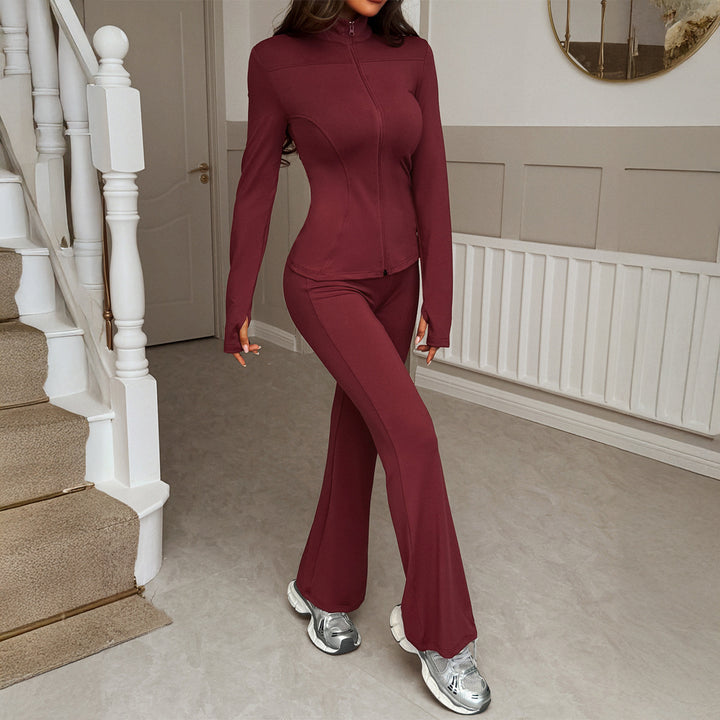 Damen figurbetontes Stretch-Joggingset mit taillierter Reißverschluss-Jacke und ausgestellter Schlaghose – Élanora