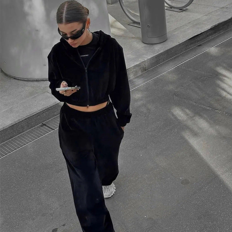 Damen nan Samt-Trainingsanzug zweiteilig mit cropped Kapuzenjacke und hoher Taille Jogginghose Echo Archiv