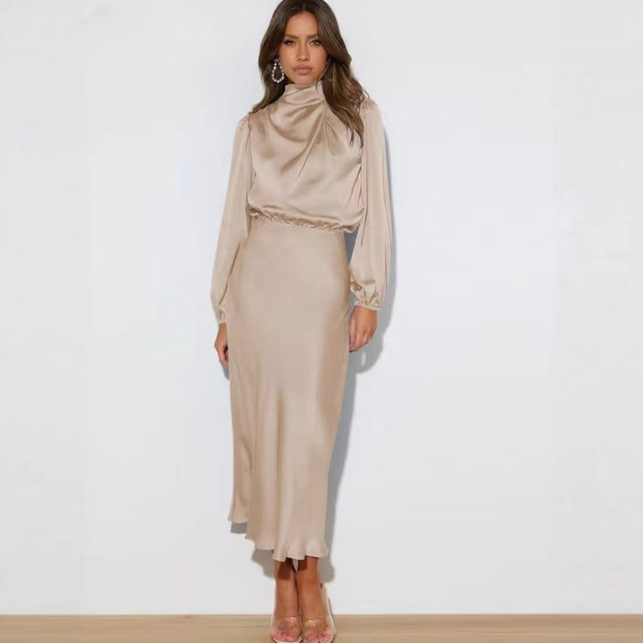 Damen Elegantes Satin-Midikleid mit Stehkragen, Blouson-Oberteil und fließendem Rock – Élara