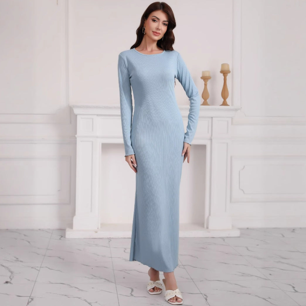 Damen Langes geripptes Bodycon-Maxikleid mit Rundhals & langen Ärmeln Echoarchiv