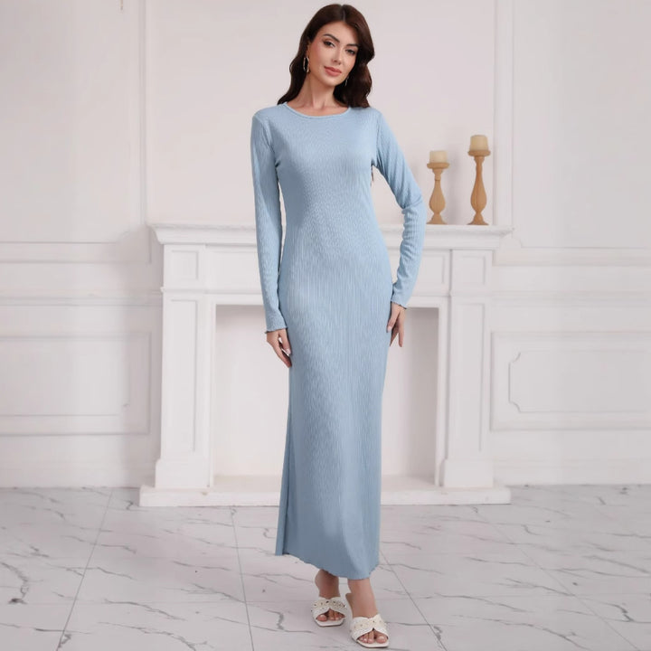 Damen Langes geripptes Bodycon-Maxikleid mit Rundhals & langen Ärmeln Echoarchiv